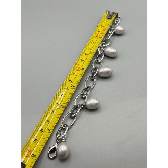 Vintage Silver Tone Chain Bracelet with Genuine Pearl Charms Link Bracelet - Picture 6 of 6
